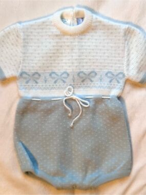 Vintage Neiman Marcus Knit Sweater Romper Jumper 1pc Baby Boy 6-12m Spain Blue